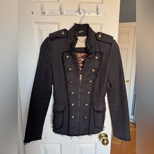 Zara Trafaluc Women Military Frayed Jacket Zipper Front Buttons Accent Black S